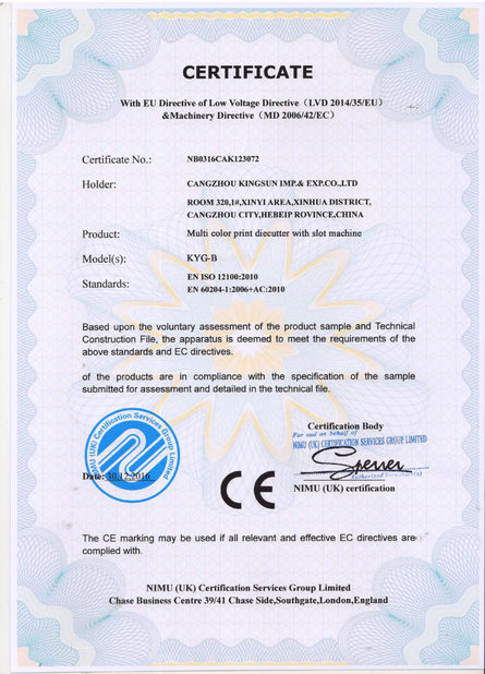 Chine Hebei Jinguang Packing Machine CO.,LTD certifications
